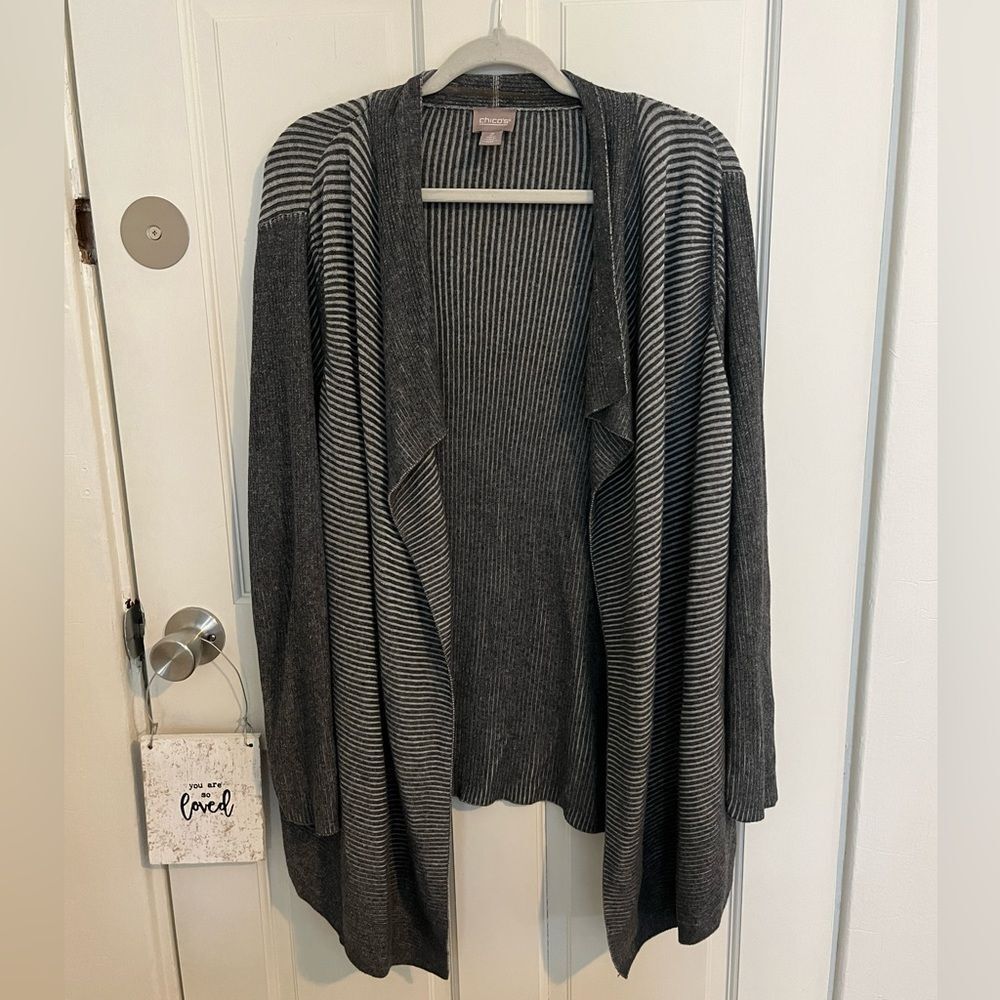 Chico’s Gray Stripe Asymmetrical Cardigan 60% Cotton Soft Size 12 Workwear